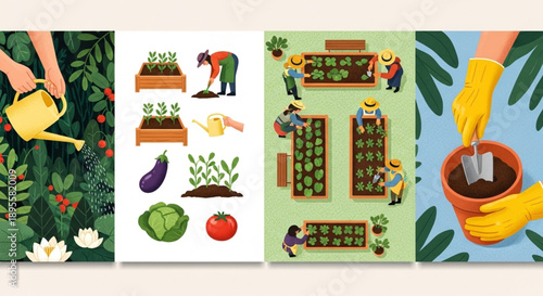 Vibrant illustrations depicting various aspects of gardening, from planting and watering to harvesting fresh produce and enjoying nature's bounty