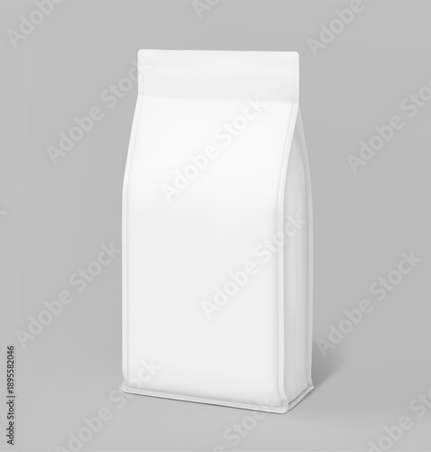 Vertical flat bottom gusset bag mockup for food, pet food, sport nutrition. Half side view. Vector illustration isolated on white background. Can be use for template your design. EPS10.
