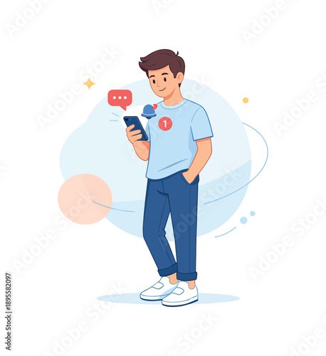Man with smartphone receiving notification, flat vector illustration