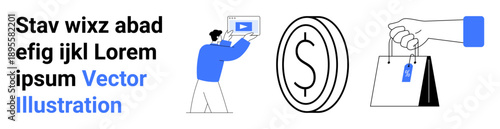 Man creating a video, large dollar coin symbolizing money, and a hand holding shopping bags. Ideal for finance, marketing, e-commerce, shopping, content creation, payment simple landing page