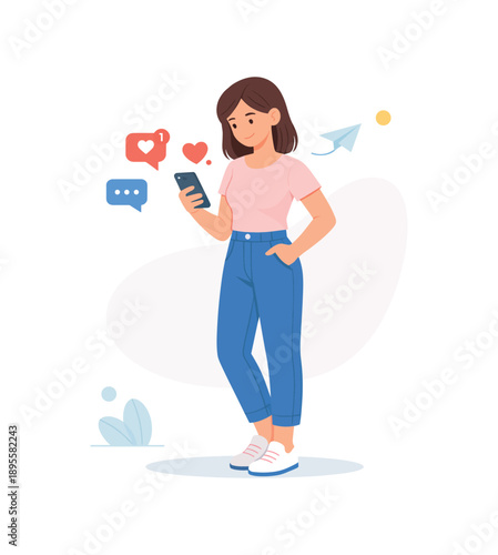 Woman engaging with social media notifications on phone, flat vector illustration
