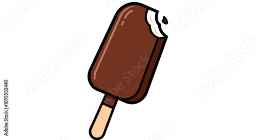 Cartoon chocolate ice cream bar with bite missing on light wood stick