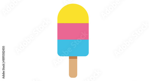 Colorful popsicle with yellow top pink middle and blue bottom on a brown stick