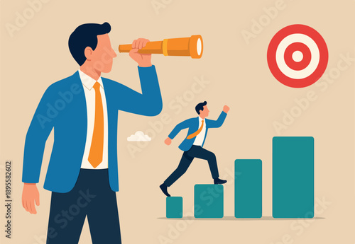 Search for business target or goal, mission or objective to achieve, discover purpose or find strategy to reach goal or destination concept, businessman look through telescope to find target or goal.