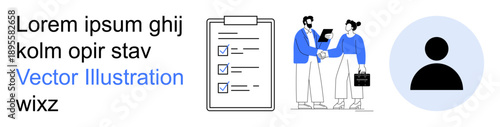 Business partnerships, project management, task organization, user identity, team collaboration, communication. A clipboard with a checklist, two people shaking hands and a user icon. Business