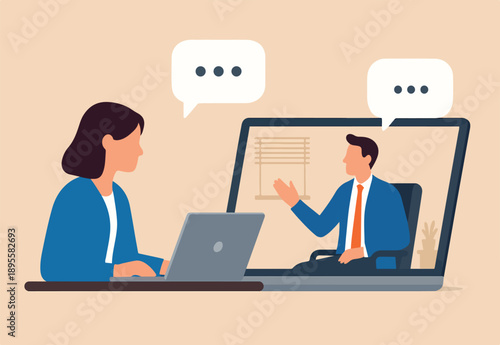 Remote work team meeting, online communication and business discussion, video conference to link between home and office concept, businessman and woman virtually discuss work from laptop computer.
