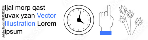 Time management, decision-making, digital interfaces, nature , branding, productivity. Clock with a pointer hand, stylized plants and text. Time management and decision-making concepts