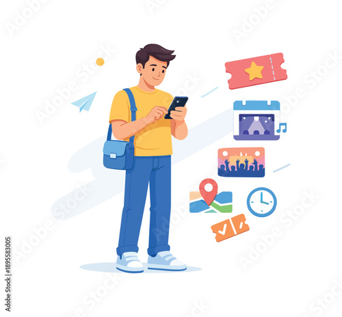 Man using smartphone for event planning and ticket booking, flat vector illustration