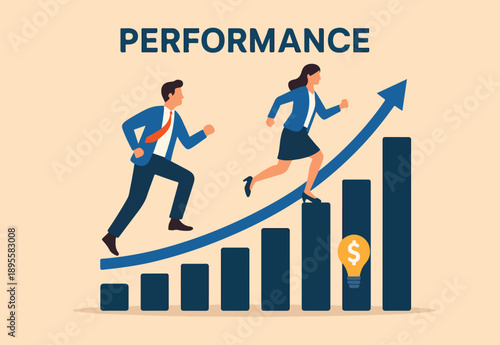 Performance management, employee rating appraisal or review, career growth or plan for improvement, career development concept, businessman and woman employees running up performance graph and chart.