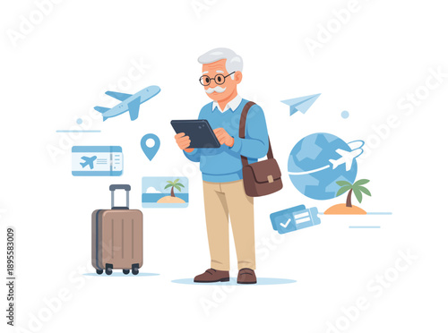 Elderly man with tablet and luggage at airport, flat vector illustration