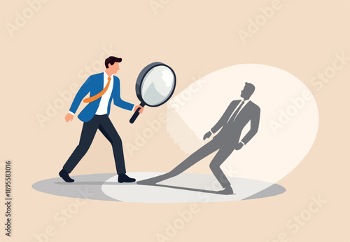 Self assessment or self analysis process to know yourself and discover plan or goal for living or work and career concept, businessman walking with shadow using magnifying glass to analyze himself.