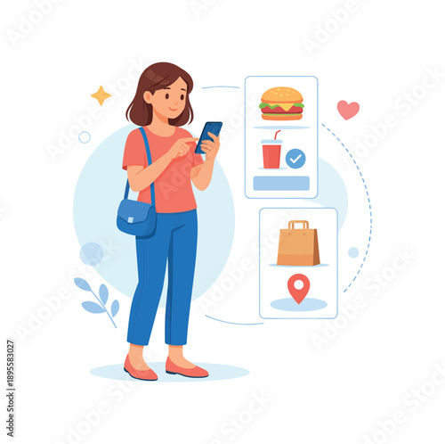 Woman ordering food online using smartphone, flat vector illustration