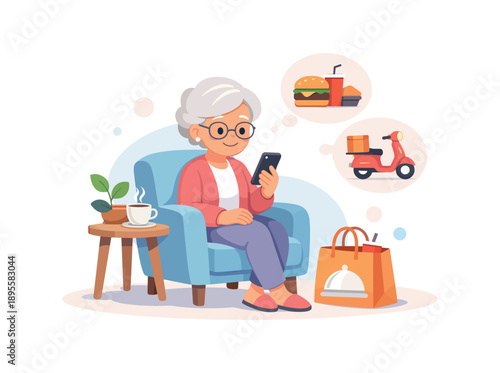Senior woman ordering food online on smartphone, flat vector illustration