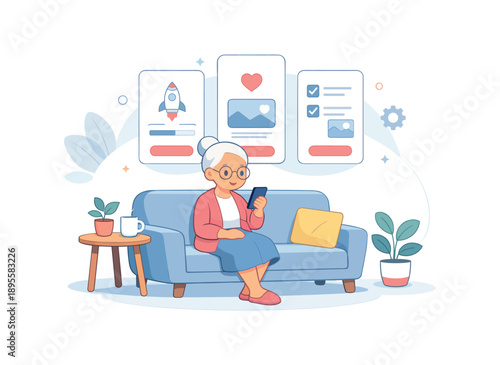 Senior woman browsing phone on couch with apps, flat vector illustration