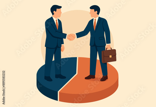  Shareholder or stakeholders, sharing benefit or merger and acquisition, partnership or collaboration, marketshare or agreement concept, businessman handshaking on pie chart to share profit together.
