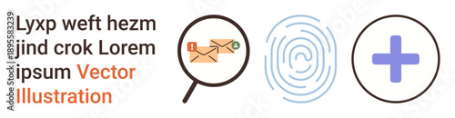 Email communication, cybersecurity, medical services, identity verification, secure access, digital healthcare. Magnifying glass with email, fingerprint medical cross. Email communication