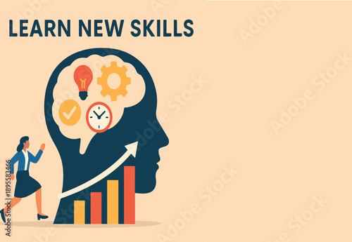 Learn new skills, knowledge or ability to work achieve success, new idea, training or study new skills, upskill or smart thinking, human head brain with skills symbol, creativity, time management.