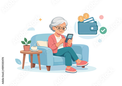 Elderly woman using smartphone for online banking in a cozy chair, flat vector illustration