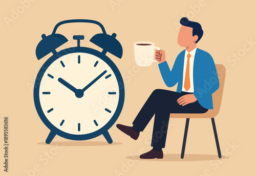 Time to take a break, coffee break time to relax and refresh from long stress interval, free from bored, sleepy and fatigue concept, relax businessman with a cup of coffee or tea with alarm clock.