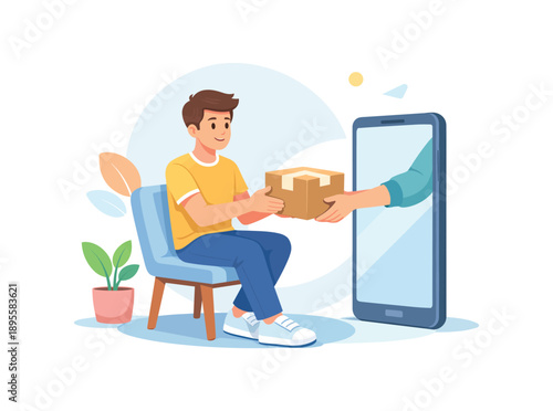 Man receiving package from smartphone, flat vector illustration of online delivery concept