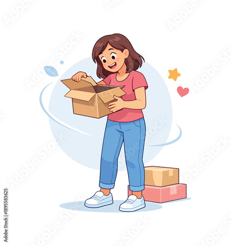 Woman opening a box smiling, flat vector illustration