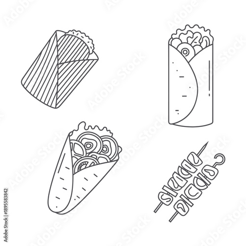 Shawarma, Burrito, Doner Kebab Icons: Hand-Drawn Line Art Food Vector