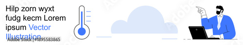Data analysis, telemedicine, technology, diagnostics, online services, remote work. Digital thermometer and professional with laptop. Telemedicine and technology concept
