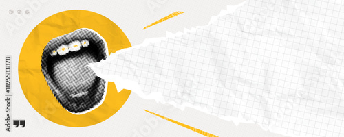 Trendy Halftone Collage Screaming Mouth with Torn Paper background for promotion and announcing news. Banner with empty space for text. Social media message. Contemporary vector illustration art