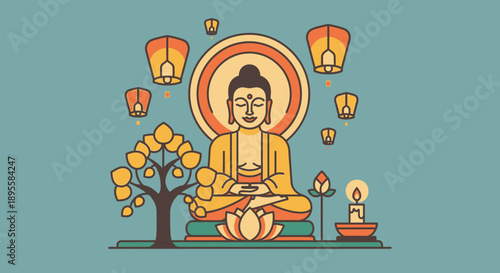 Buddha Sitting in Meditation under Tree.