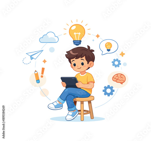 Boy with tablet sitting on stool, surrounded by creative icons, flat vector illustration