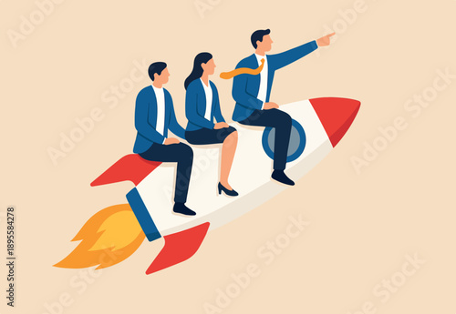  Team direction, leadership to guide team to success, boost team productivity or innovation to succeed, partnership or success startup concept, business people riding rocket, leader pointing direction