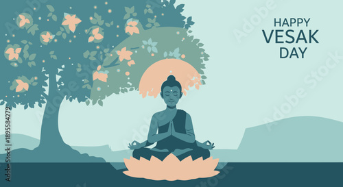 Buddha Sitting Meditating on Lotus Flower.