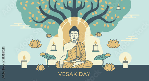 Buddha Sitting Meditating Under Bodhi Tree.