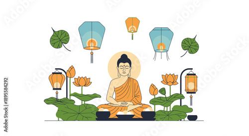 Buddha Sitting Meditation Lotus Lanterns Serenity.