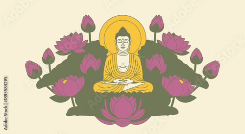 Buddha Sitting Meditation Lotus Flowers Serene Spiritual.