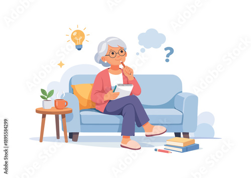 Elderly woman thinking on sofa with notebook, flat vector illustration