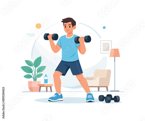 Man exercising with dumbbells in living room, flat vector illustration