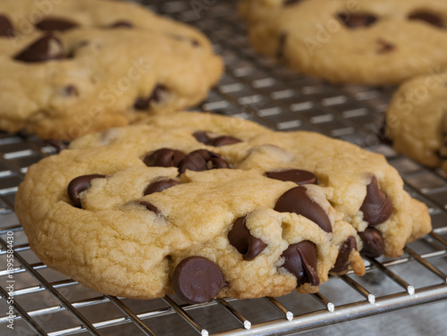 Принти на полотні Closeup tray of fresh high altitude chewy soft chocolate chip cookies cooling on a wire rack