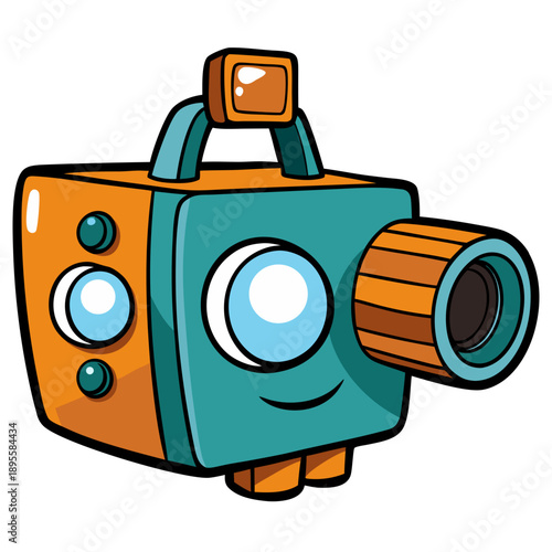 A cartoon camera with a smiling face and large lens is depicted from a front viewpoint