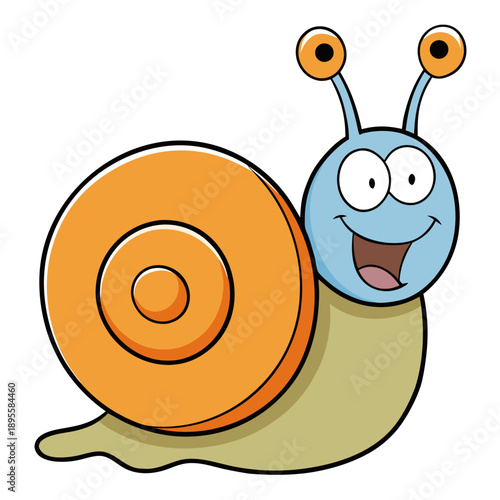 A smiling snail with large eyes and a vibrant expression moving slowly forward in a playful illustration