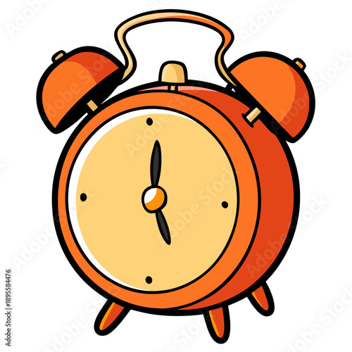 A classic orange alarm clock with a cream-colored face and black hands is depicted in a simple illustration style.