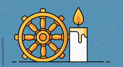 Buddhist Dharma Wheel and Lit Candle Symbol.