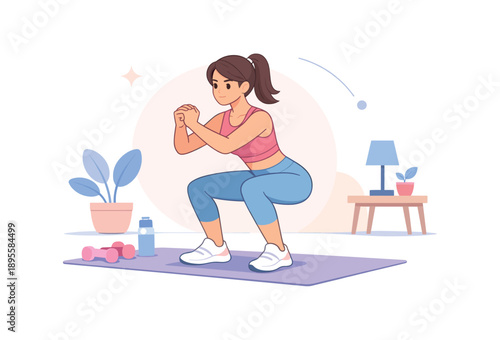 Woman exercising with dumbbells on mat, flat vector illustration