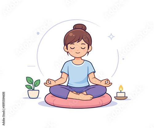 Girl meditating on cushion with candle and plant, flat vector illustration