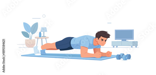 Man exercising in plank position at home with dumbbells, flat vector illustration