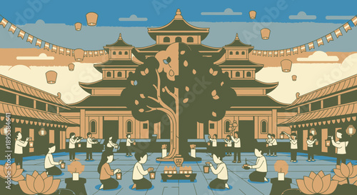 Buddhist Monks Meditating in Temple Courtyard.