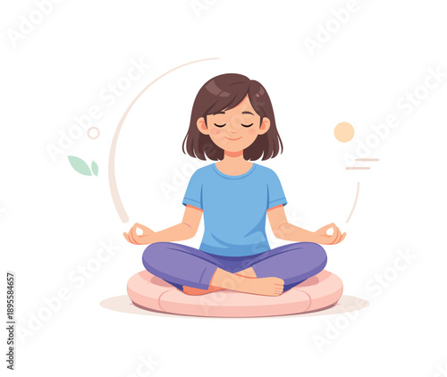 Girl meditating on cushion with relaxed expression, flat vector illustration