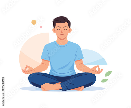Man meditating in lotus position with geometric background, flat vector illustration