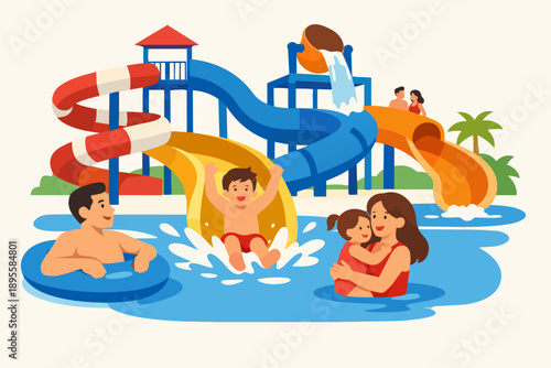 Family enjoying water park slides and swimming pool fun during summer vacation