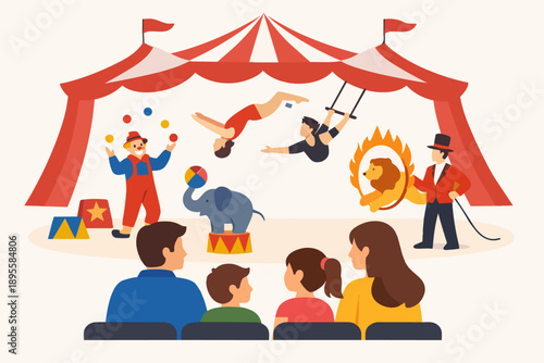 Family watching thrilling circus performance with clown, acrobat, and animal acts